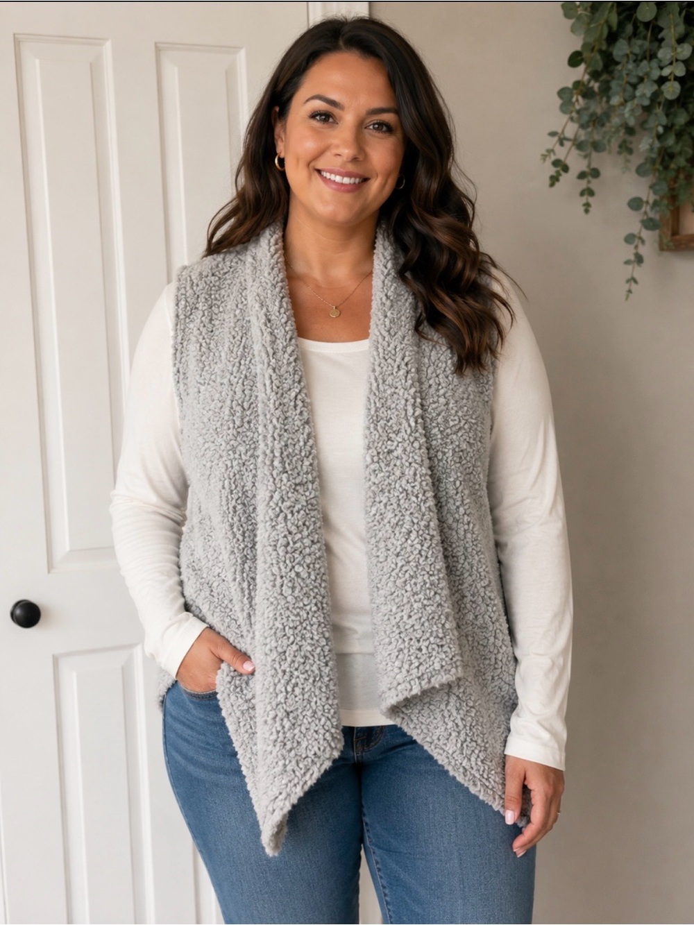 Say What? Cozy Open-Front Fuzzy Vest - Light Gray Women’s Medium